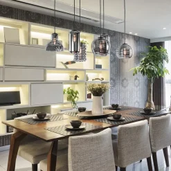 6-Lichts eettafelhanglamp met smoke/titanium glas