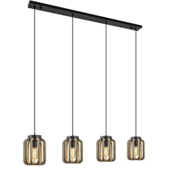 4-Lichts eettafelhanglamp mat zwart met ruw hout