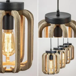 4-Lichts eettafelhanglamp mat zwart met ruw hout