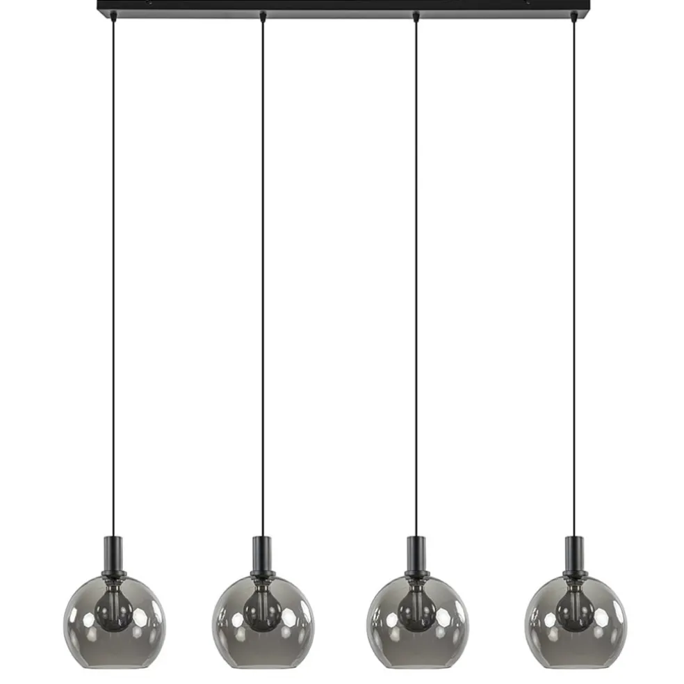 4-lichts eettafelhanglamp zwart met smoke glazen bollen