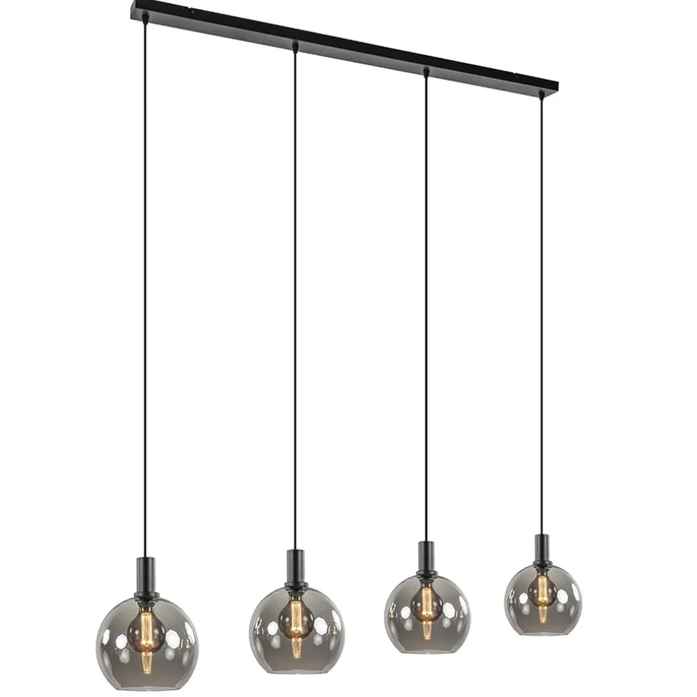 4-lichts eettafelhanglamp zwart met smoke glazen bollen