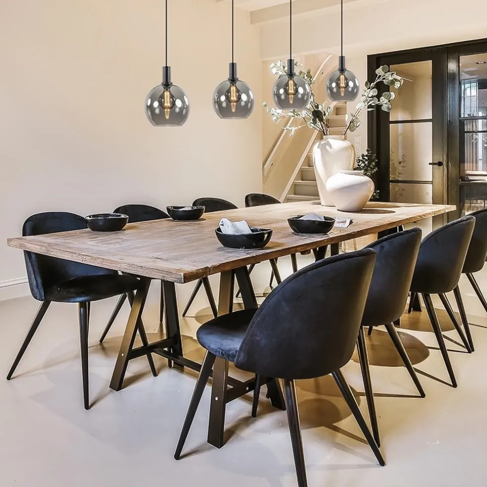 4-lichts eettafelhanglamp zwart met smoke glazen bollen