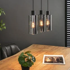3-Lichts eettafelhanglamp zwart met cilinder smoke glas