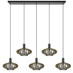 5-Lichts hanglamp zwart met naturel houten kappen