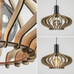 5-Lichts hanglamp zwart met naturel houten kappen