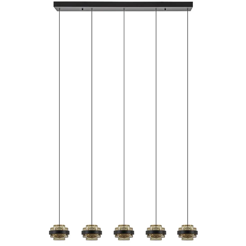 5-Lichts LED eettafelhanglamp zwart met champagne glas