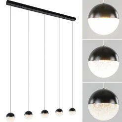 5-Lichts LED hanglamp zwart met diamant zand 3-standen dimbaar