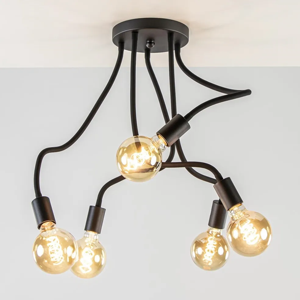 5-Lichts plafondlamp mat zwart met flexibele armen