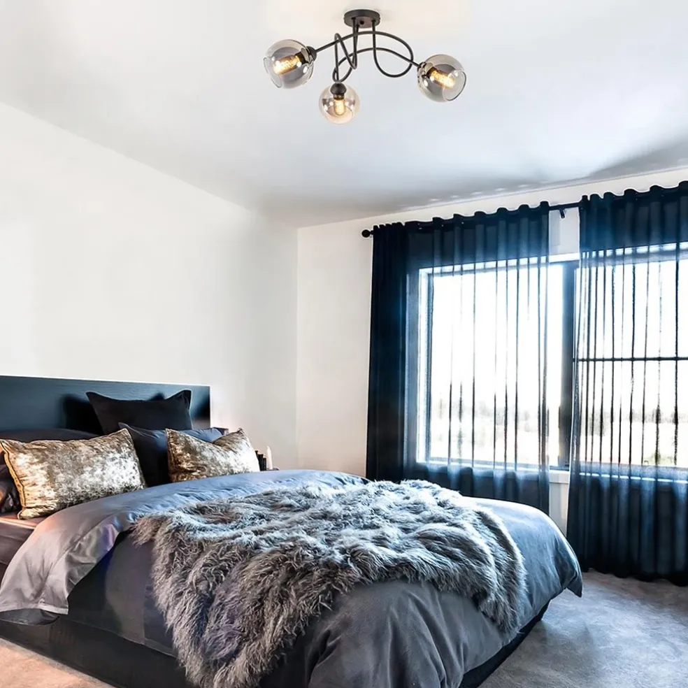 3-Lichts plafondlamp zwart met smoke glazen bollen