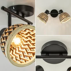 2-Lichts plafond/wandlamp zwart met bamboe kappen
