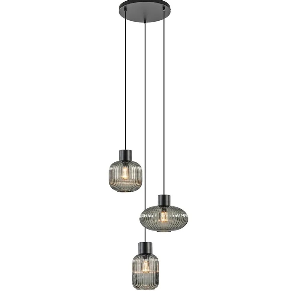 3-Lichts ronde eettafelhanglamp zwart met smoke glas