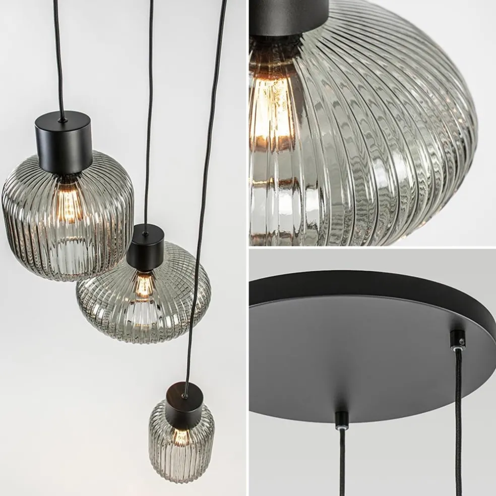 3-Lichts ronde eettafelhanglamp zwart met smoke glas