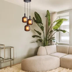 3-Lichts ronde hanglamp mat zwarte glazen kappen