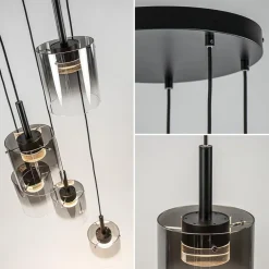 5-Lichts ronde hanglamp zwart met titanium/helder glas