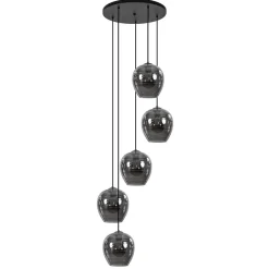 5-Lichts ronde hanglamp zwart met smokey glas