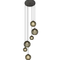 6-Lichts vide hanglamp smoke glas met reliëf