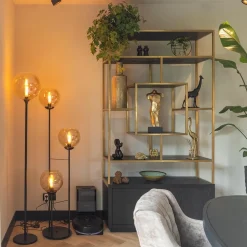 3-Lichts vloerlamp mat zwart met amber glazen bollen