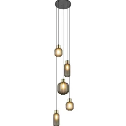 Luxe 5-lichts videlamp zwart/brass met mat zwart glas