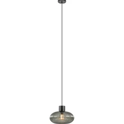 Mat zwarte hanglamp met geribbeld smoke glas ovaal
