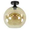 Mat zwarte plafondlamp met amber glazen bol 30 cm
