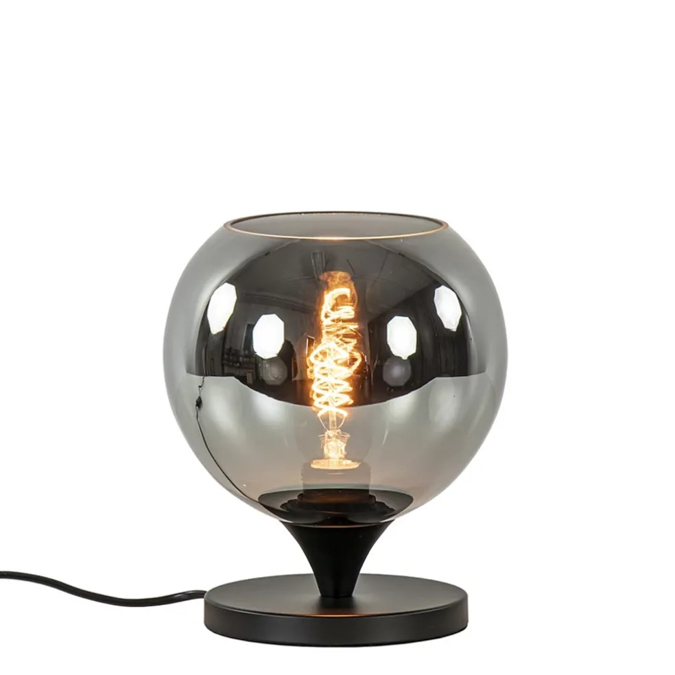Mat zwarte tafellamp met smoke/titanium bol klein