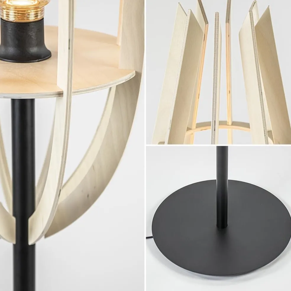 Mat zwarte vloerlamp met houten kap naturel