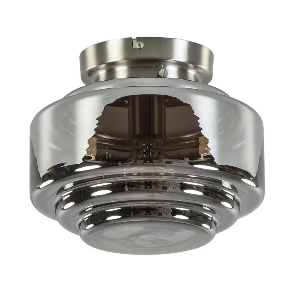 Moderne plafondlamp nikkel met smokey glas