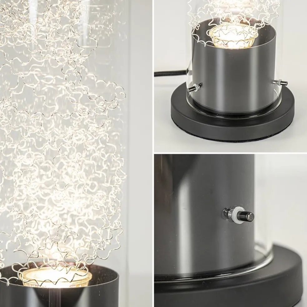 Moderne tafellamp cilinder helder glas met zwart en zilver