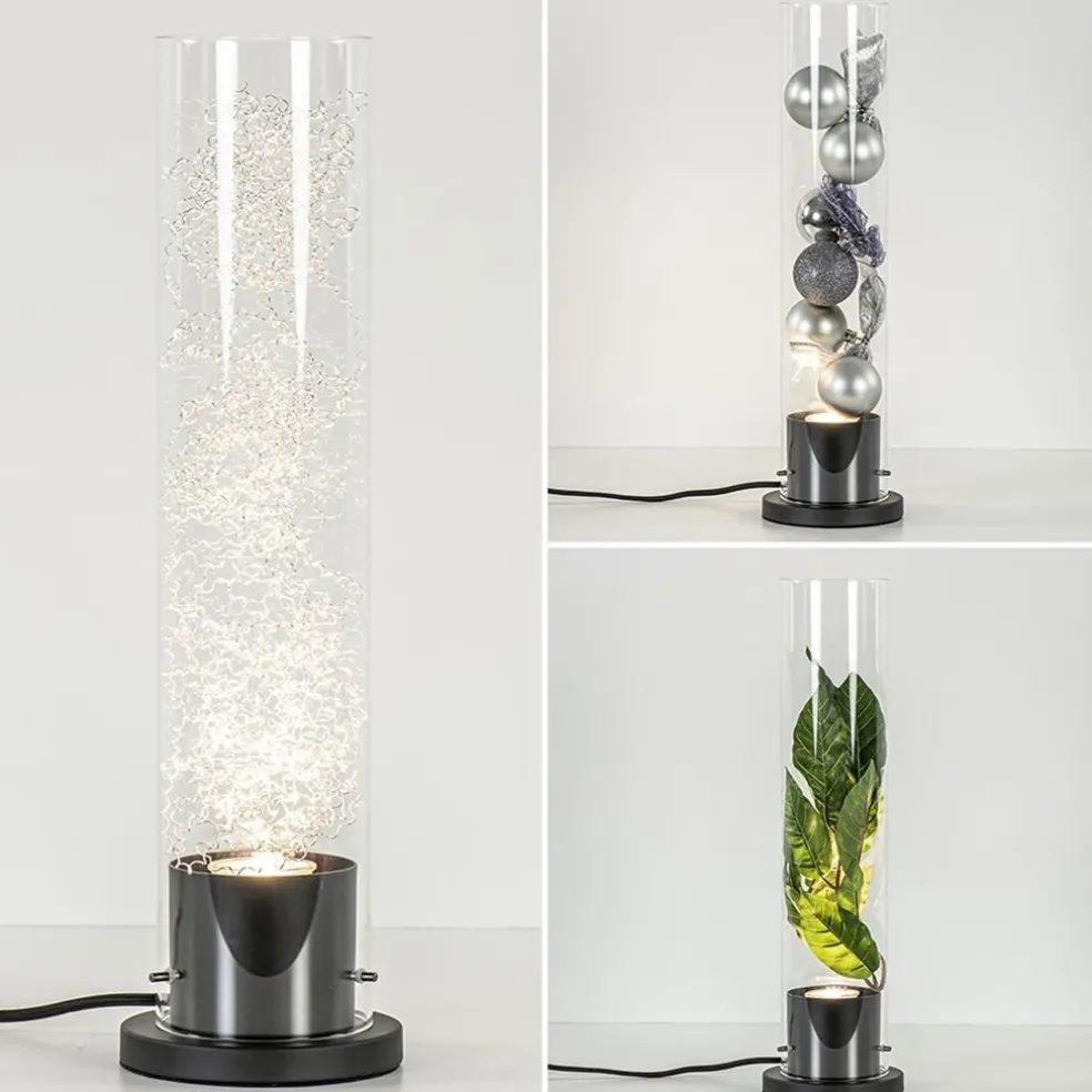 Moderne tafellamp cilinder helder glas met zwart en zilver