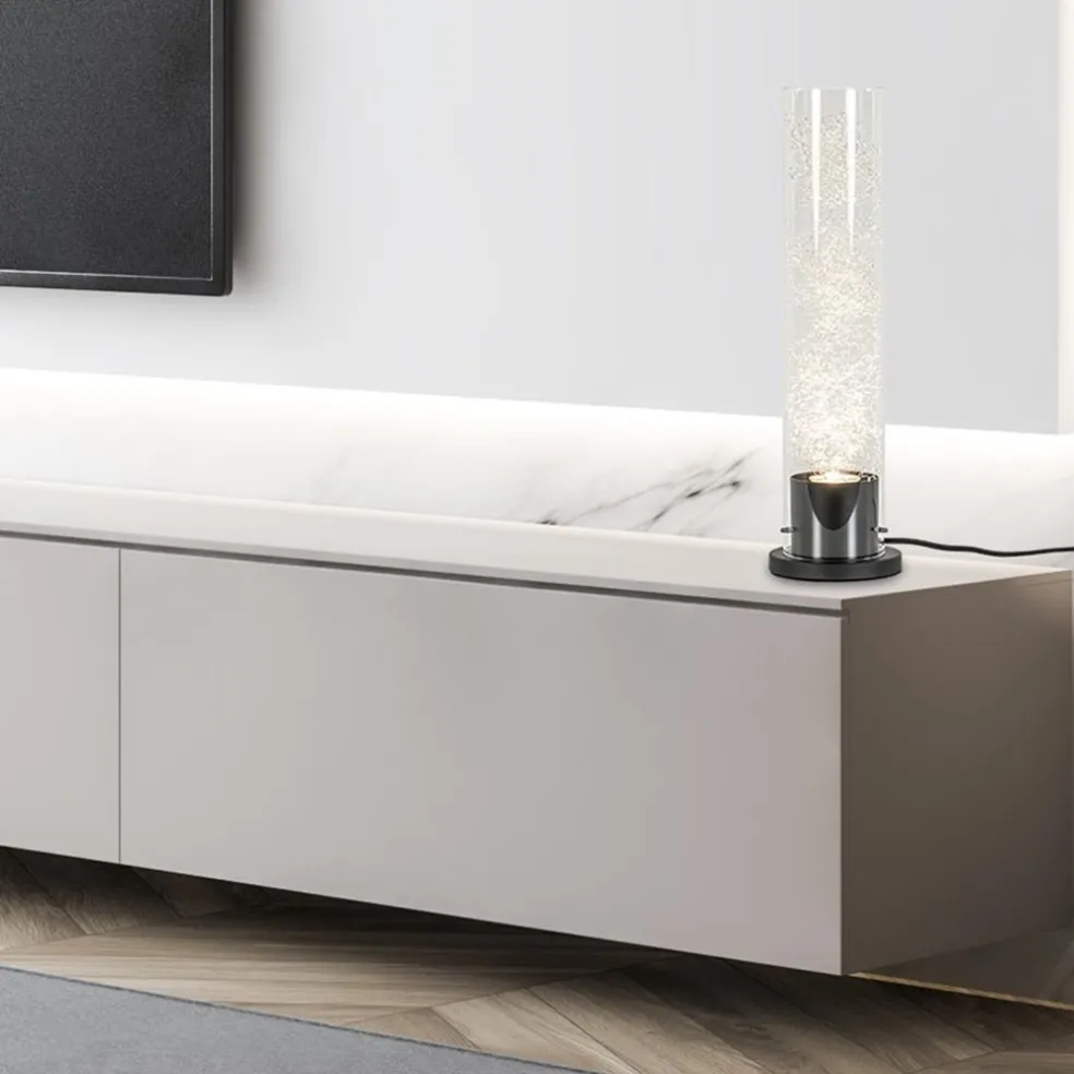 Moderne tafellamp cilinder helder glas met zwart en zilver