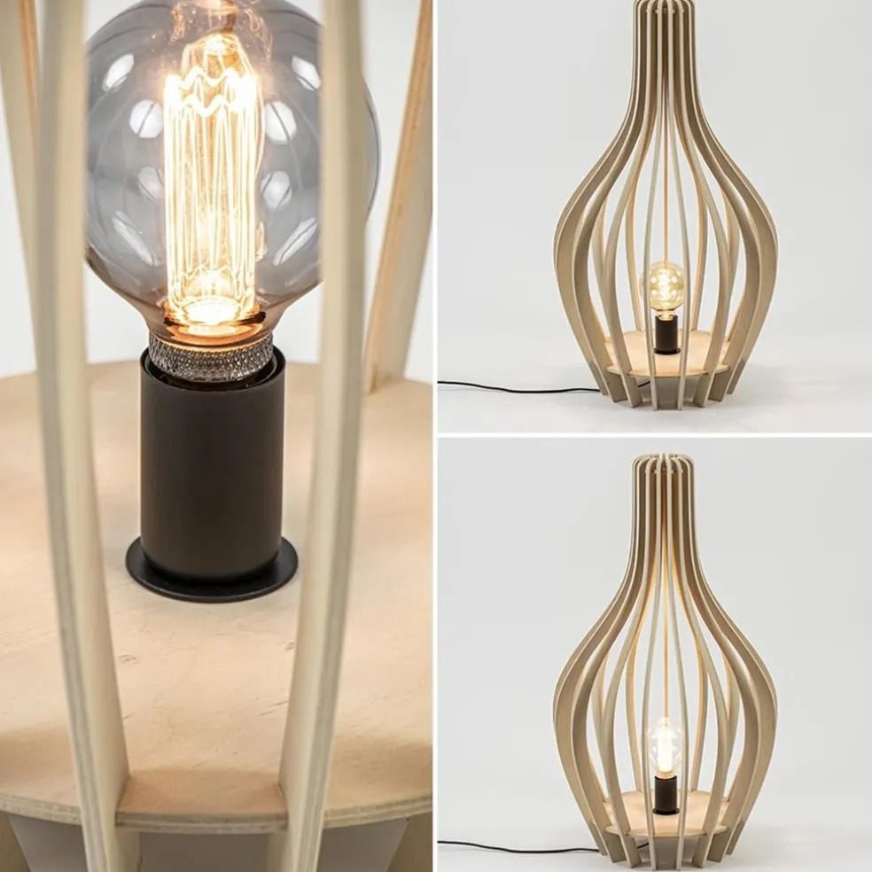 Naturel houten tafel/vloerlamp kegel met zwart