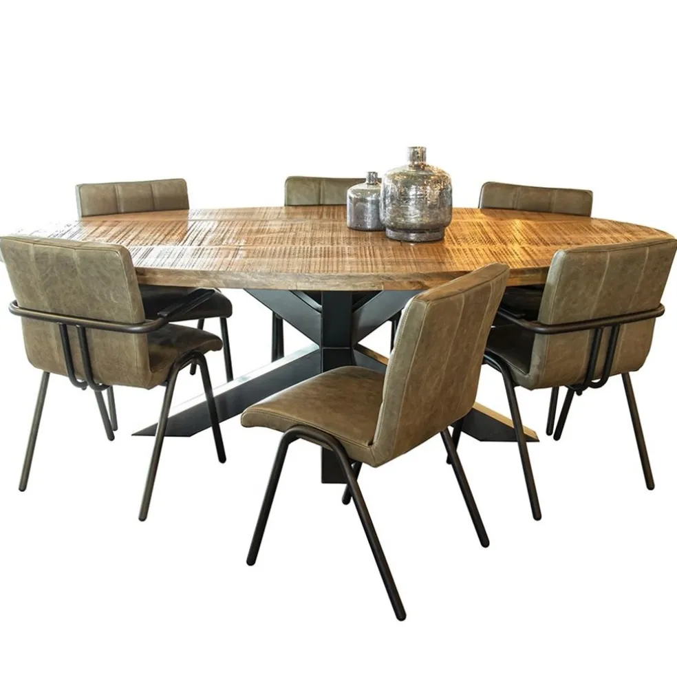 Olijf groene eettafelstoel leder met zwarte pootjes