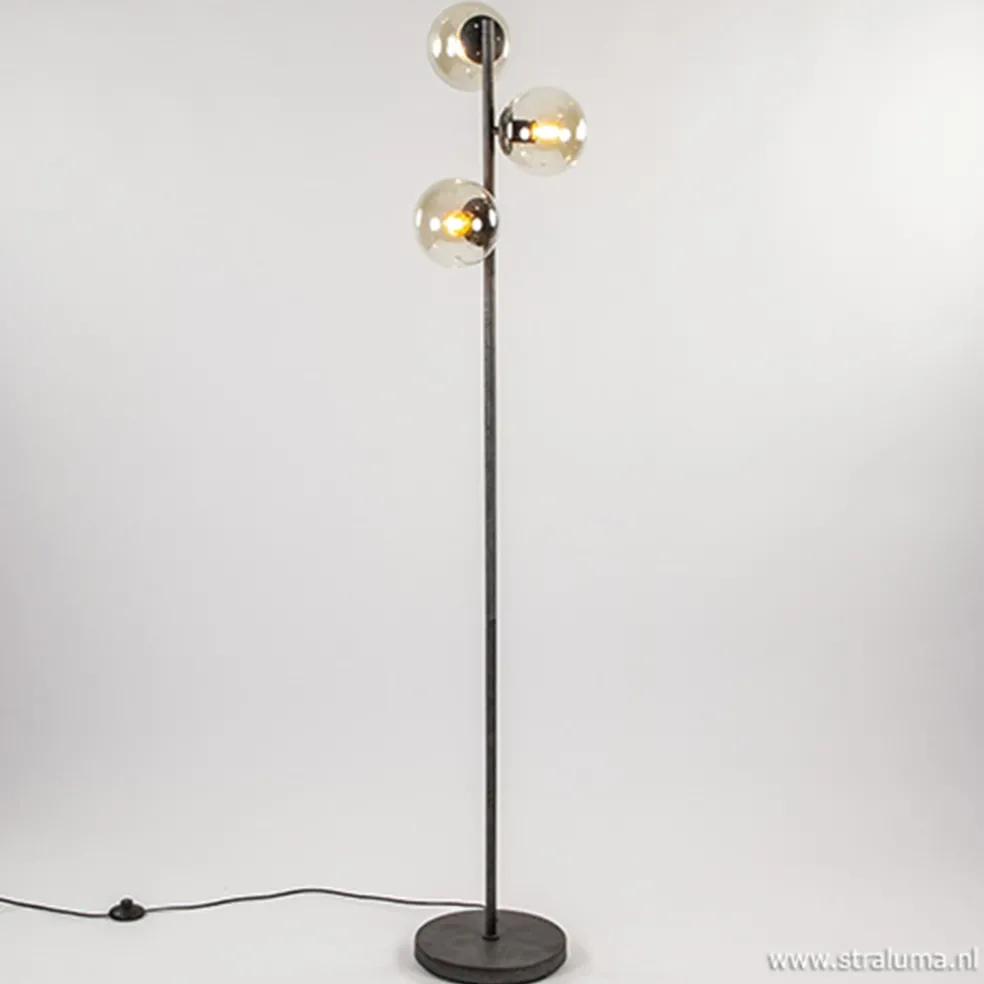 Oud zilveren vloerlamp met amber glas