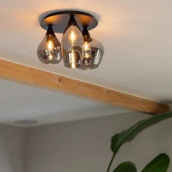 Plafondlamp Cambio 3L zwart + smoke glas