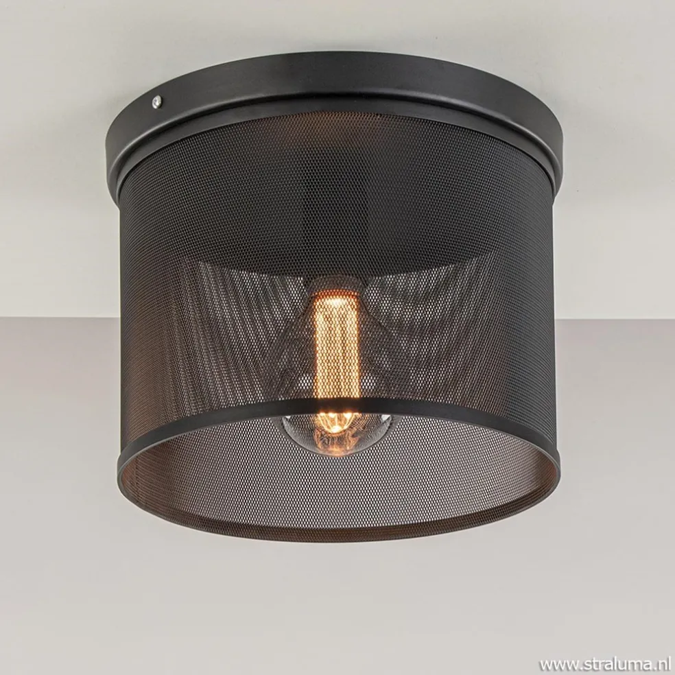 Plafondlamp cilinder gaas zwart 30cm