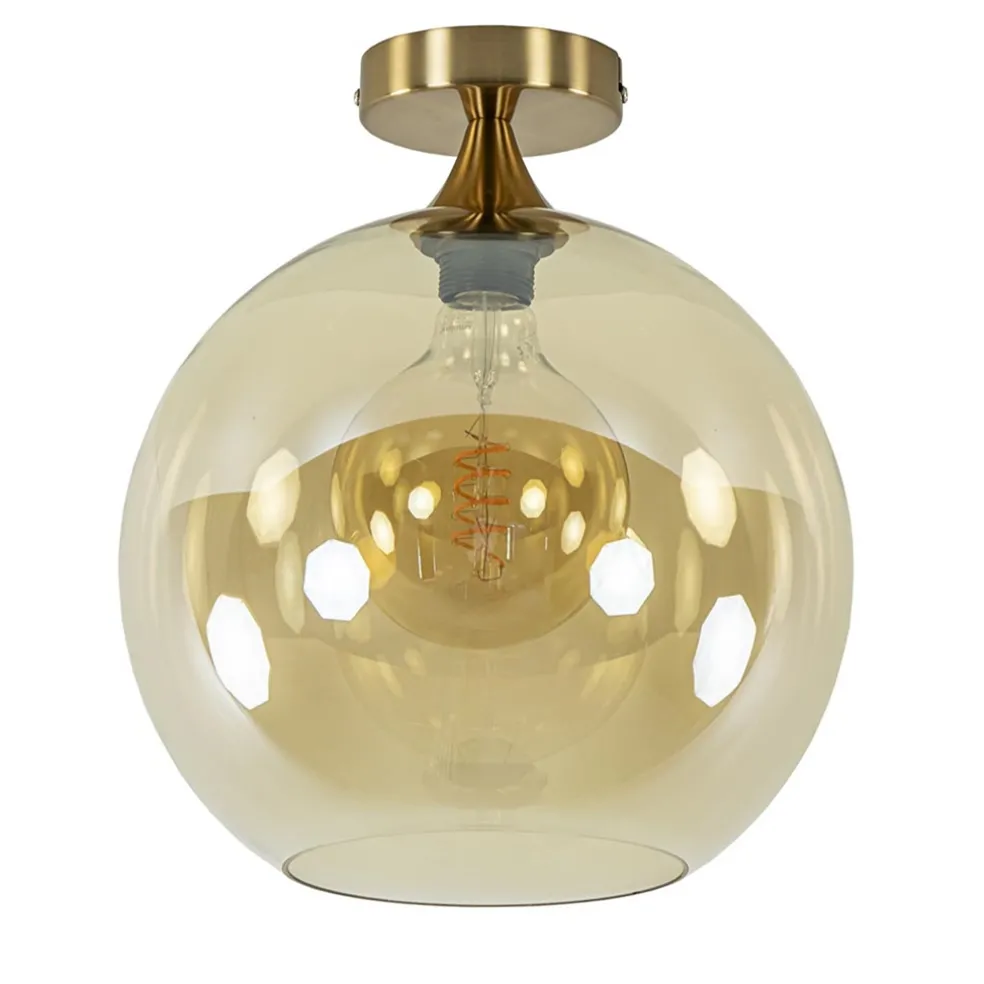 Plafondlamp goud met amber glazen bol 30 cm