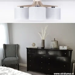 Plafondlamp 5-lichts hout/cilinderkap wit