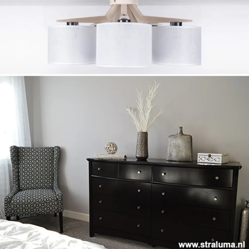 Plafondlamp 5-lichts hout/cilinderkap wit