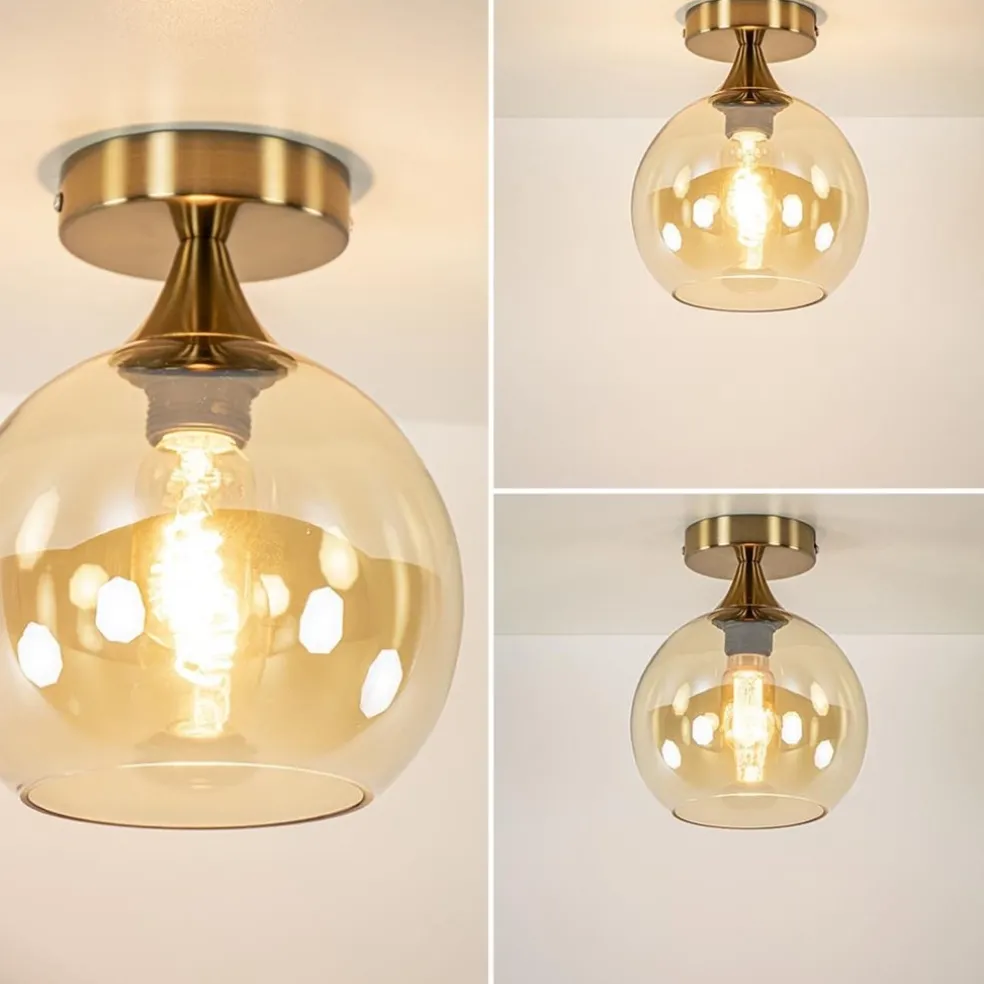 Plafondlamp toilet goud met amber glas