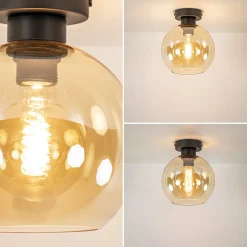 Plafondlamp zwart met amber glas 20 cm