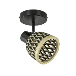 Plafondlamp/wandlamp zwart met bamboe kap verstelbaar