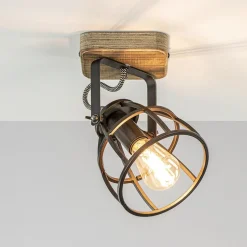 Plafond/wandlamp Matrix zwarte korf met hout