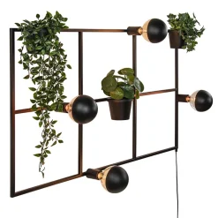 Rechthoekige wandlamp zwart frame met plantenpotten