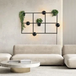 Rechthoekige wandlamp zwart frame met plantenpotten