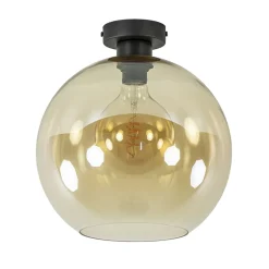 Retro plafondlamp zwart met amber glazen bol