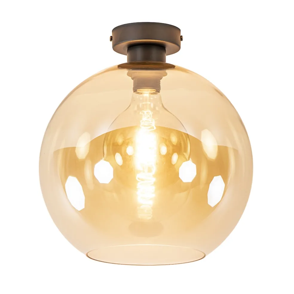 Retro plafondlamp zwart met amber glazen bol