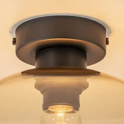 Retro plafondlamp zwart met amber glazen bol