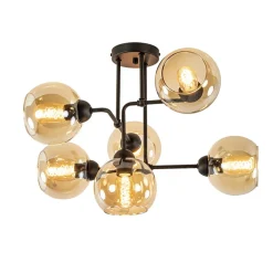 Retro plafondlamp zwart met amber glas 6-lichts