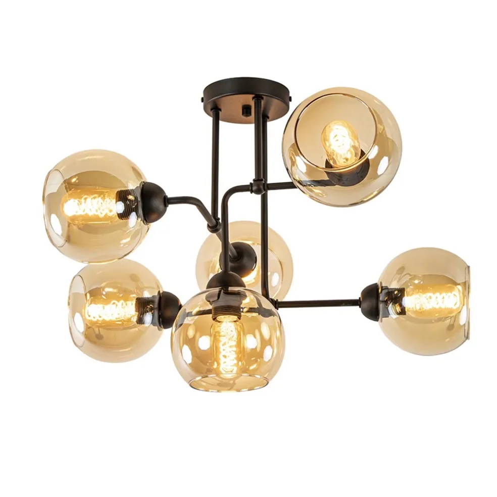 Retro plafondlamp zwart met amber glas 6-lichts
