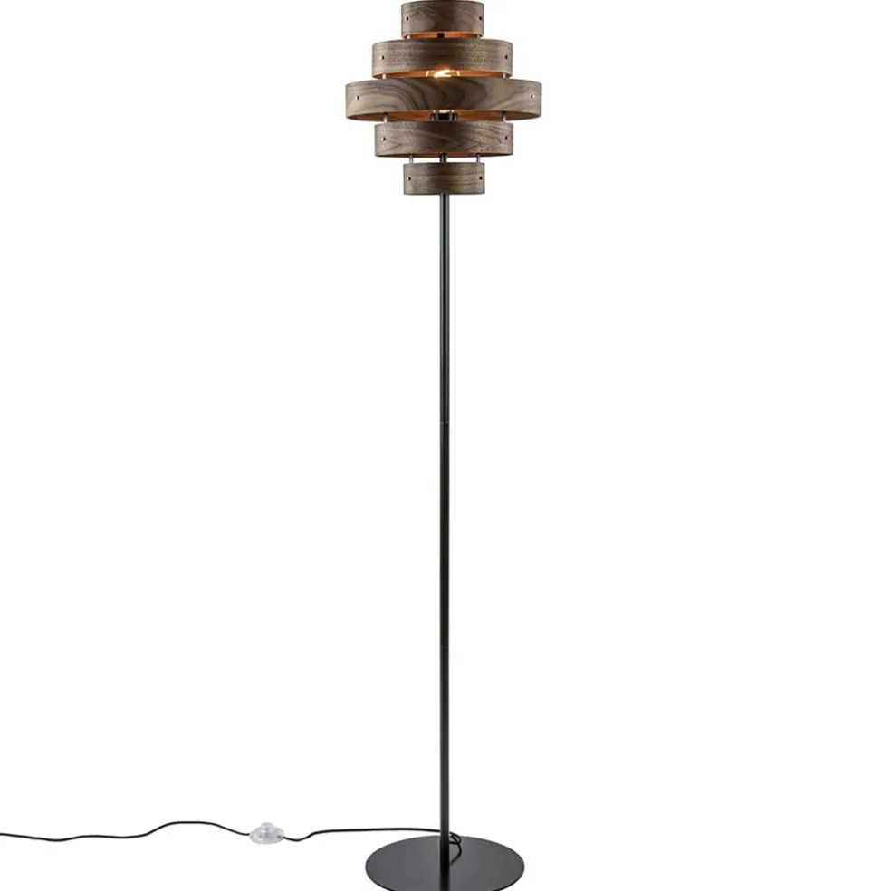 Retro vloerlamp zwart met walnoot houten kap